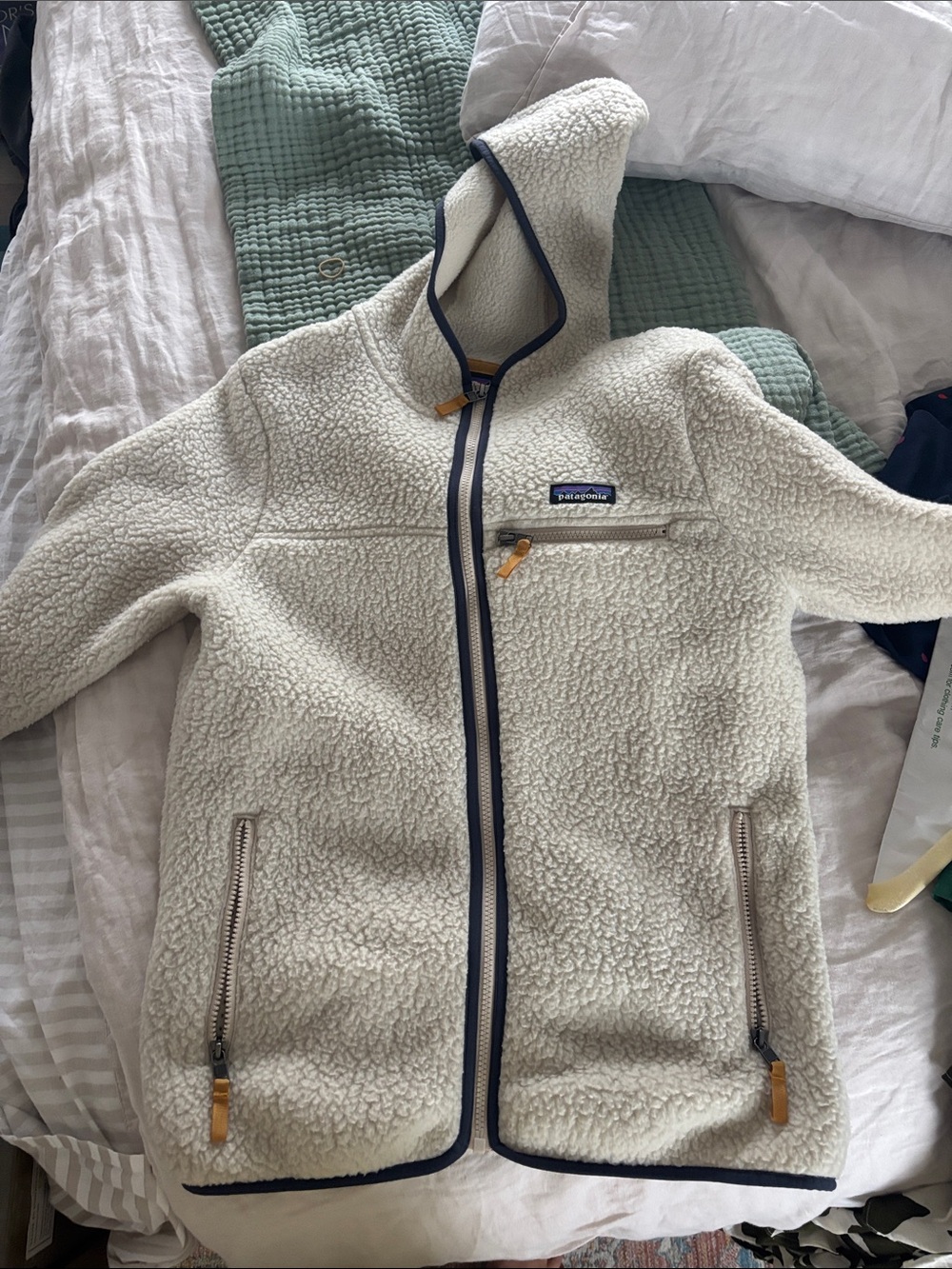 Patagonia Cream Sherpa Fleece Hoodie with Navy Trim